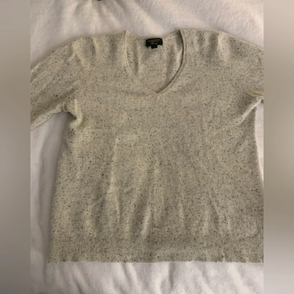 Charter Club Luxury 100% Cashmere V-Neck Sweater in Oatmeal Speckled Knit L